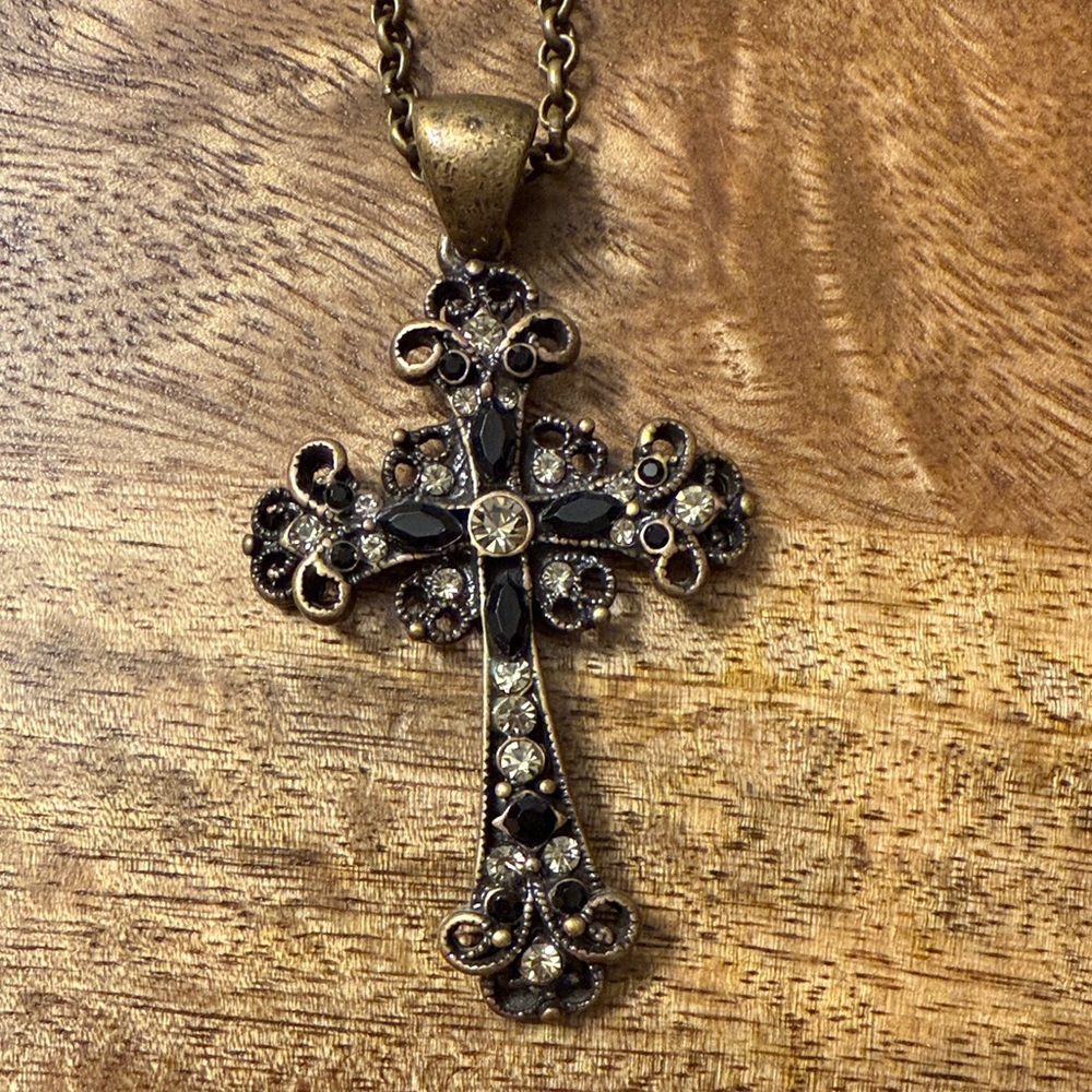 Lia Sophia Black and Gold Cross Pendant Necklace